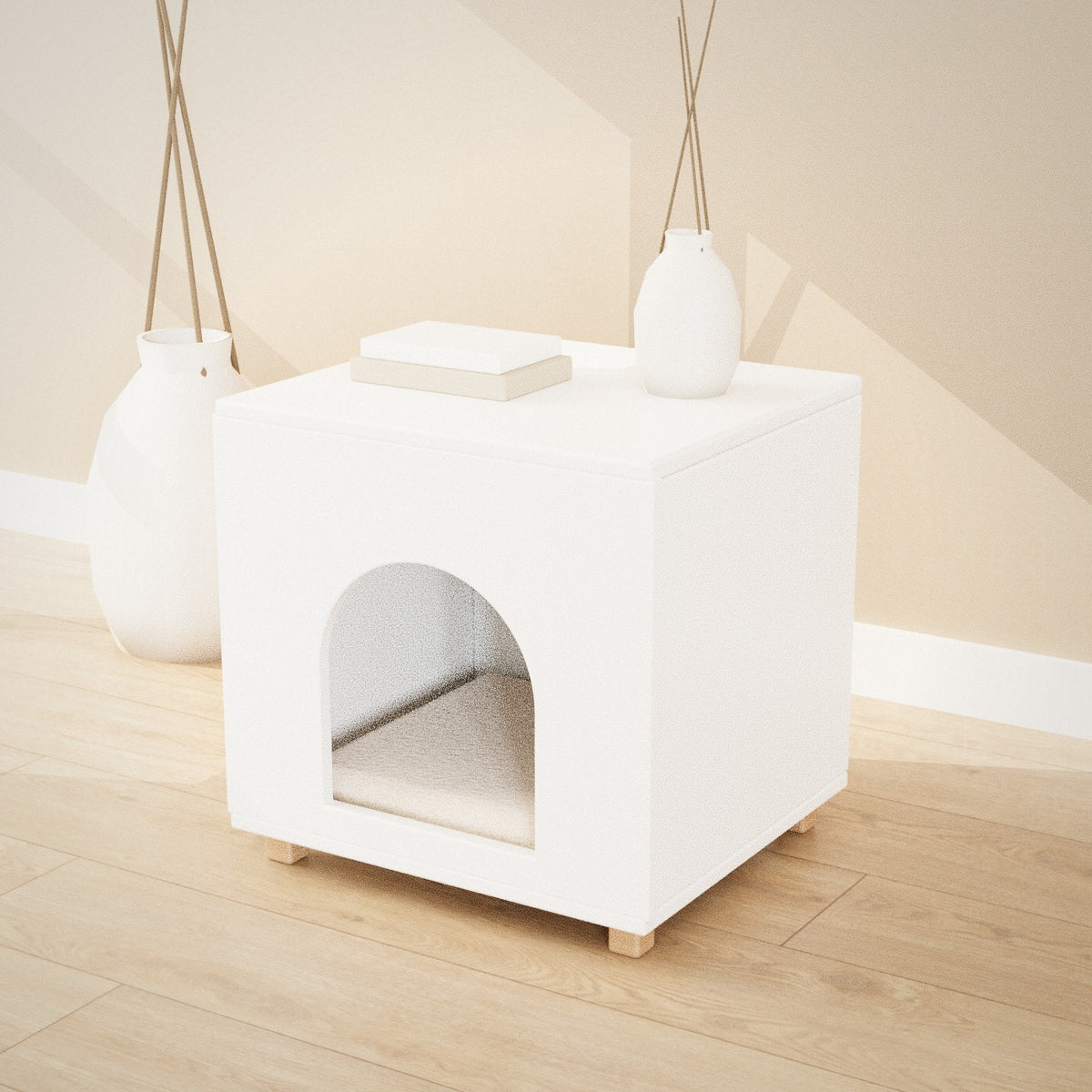 Tomo Pet Cube in white: pet house with an arched doorway that doubles as a side table
