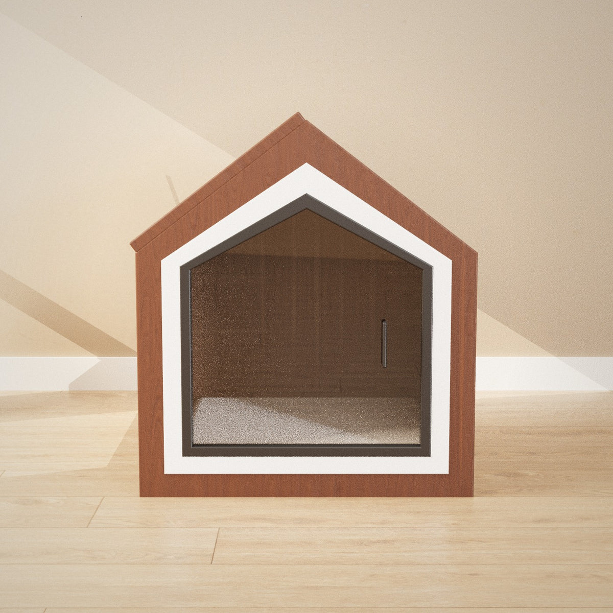 Yado Pet House: walnut pet house with a white and black framed doorway and clear door, seen from the front