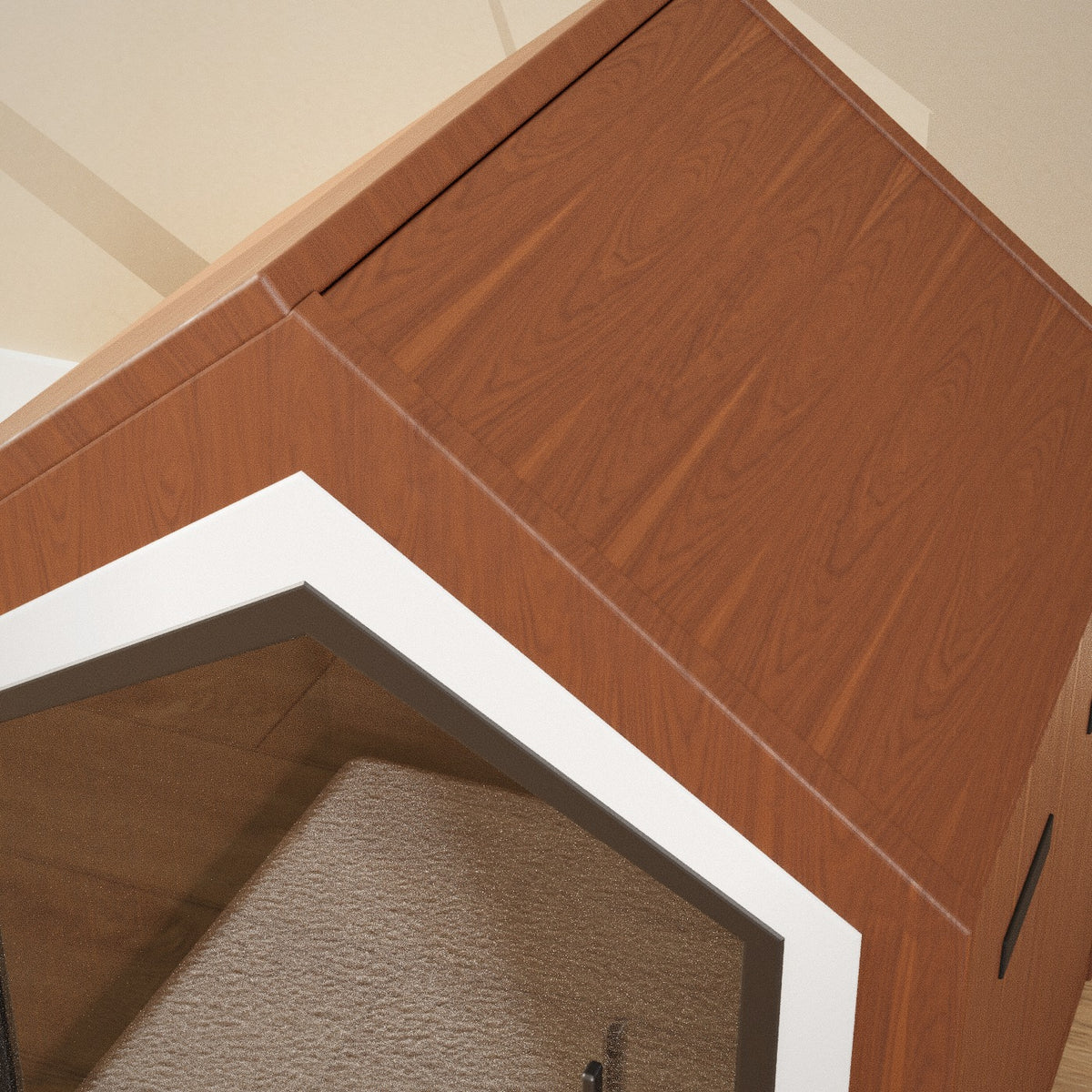 Yado Pet House: walnut pet house with a white and black framed doorway and clear door, close-up of the cushion and wood finish