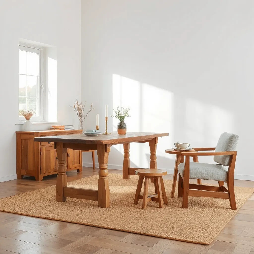 Hand-finished wooden dining table with upholstered chairs and a small carved side table in a bright room