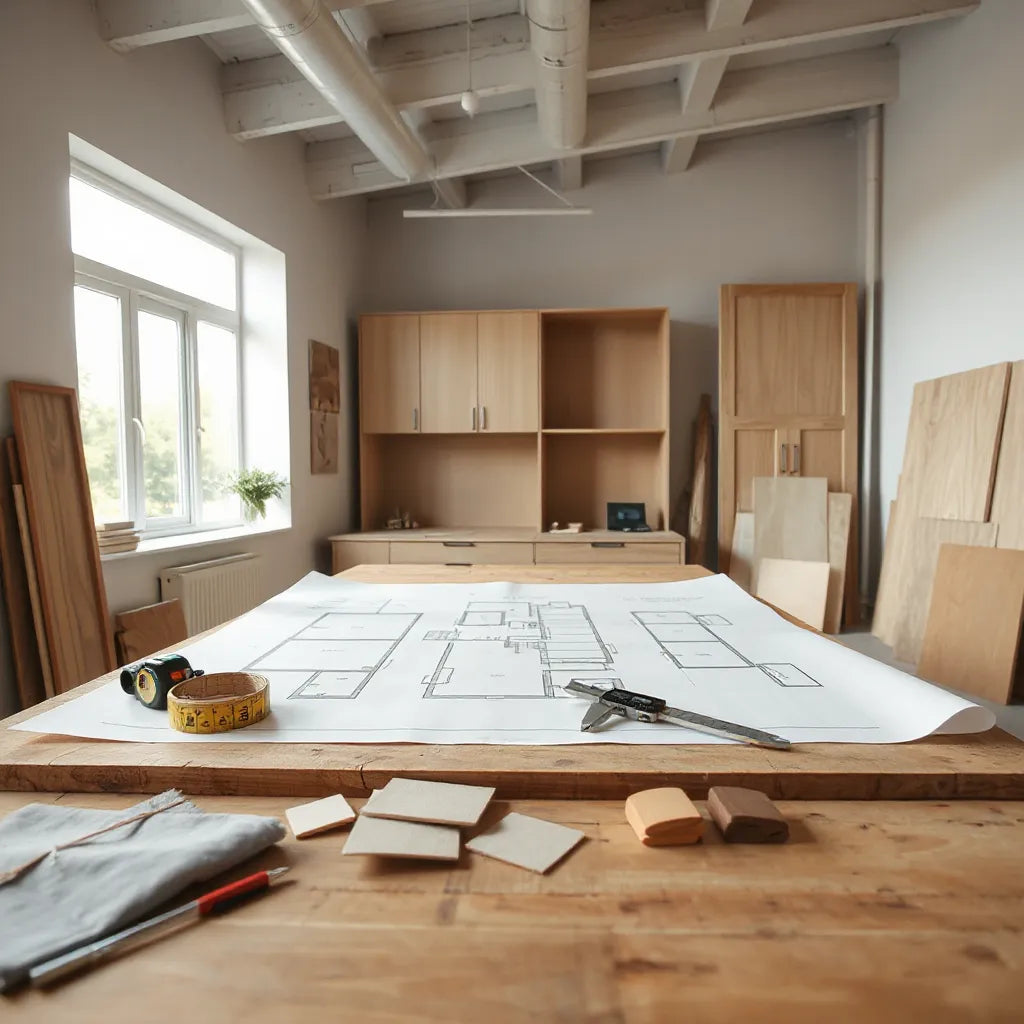 Designer reviewing measurements and wood finish samples for a custom cabinet plan