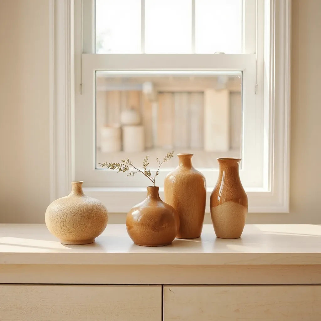 Wood-toned vases on a neutral console with subtle greenery and warm natural light