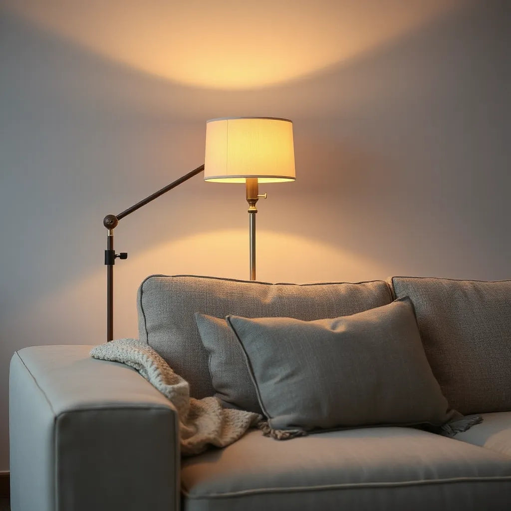 Warm glow from a minimalist floor lamp in a cozy living room with neutral sofa and soft throw