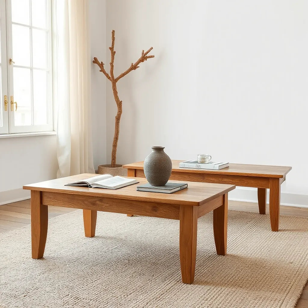 Handcrafted wooden coffee tables with natural grain in a warm, minimal living room setting