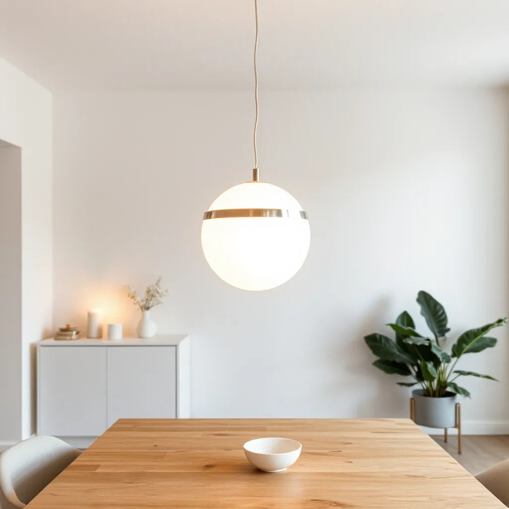 Warm glowing Luna Light pendant above a minimalist dining table in a modern room