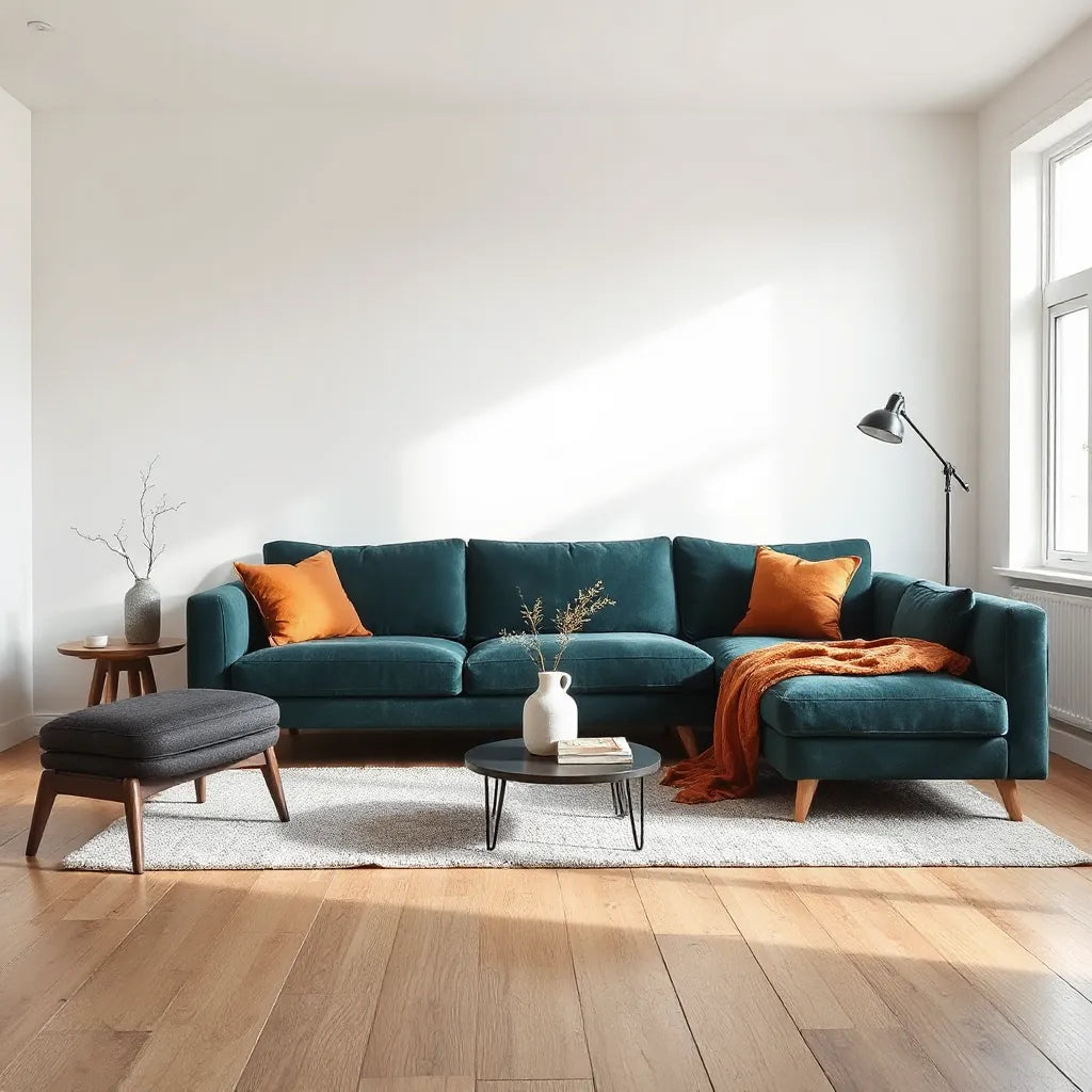 Bold geometric sofa in a modern living room with neutral decor and soft natural light