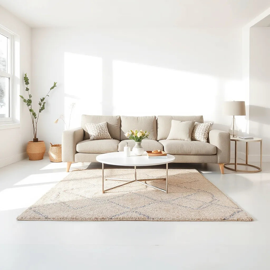 Living room with a centered patterned area rug under the seating
