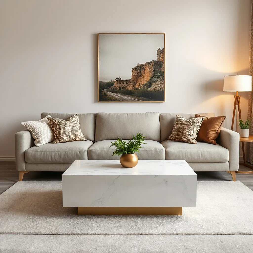 Elegant luxury living room with neutral sofa, warm lighting, refined decor, and a polished coffee table