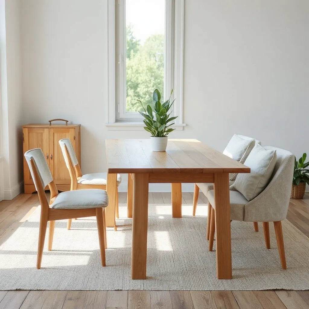 Reclaimed wood dining table with linen seating in a bright minimalist living room