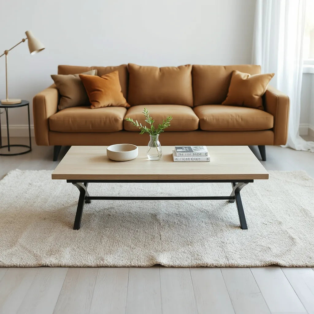 Minimalist modern coffee table with tray, vase, and books in a bright living room
