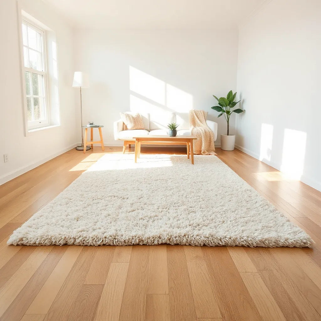 A plush neutral area rug in a bright living room with a sofa and warm hardwood floor