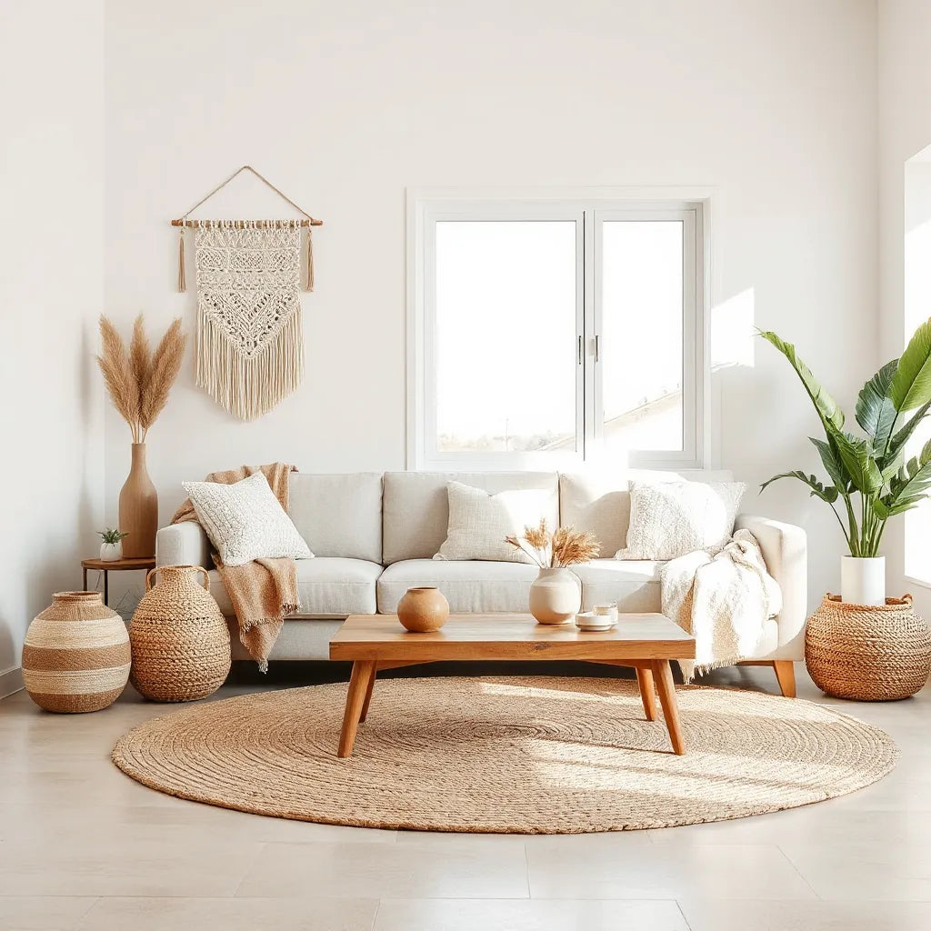 Cozy living room with layered rugs, textured pillows, macrame wall decor, and woven accents