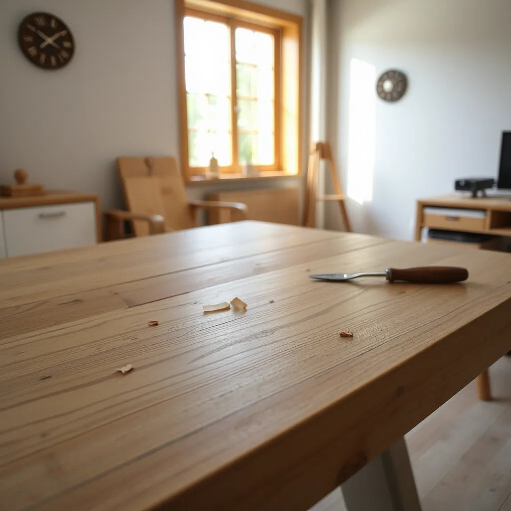 Close-up of sustainably sourced wood tabletop with visible grain in a bright, minimal room