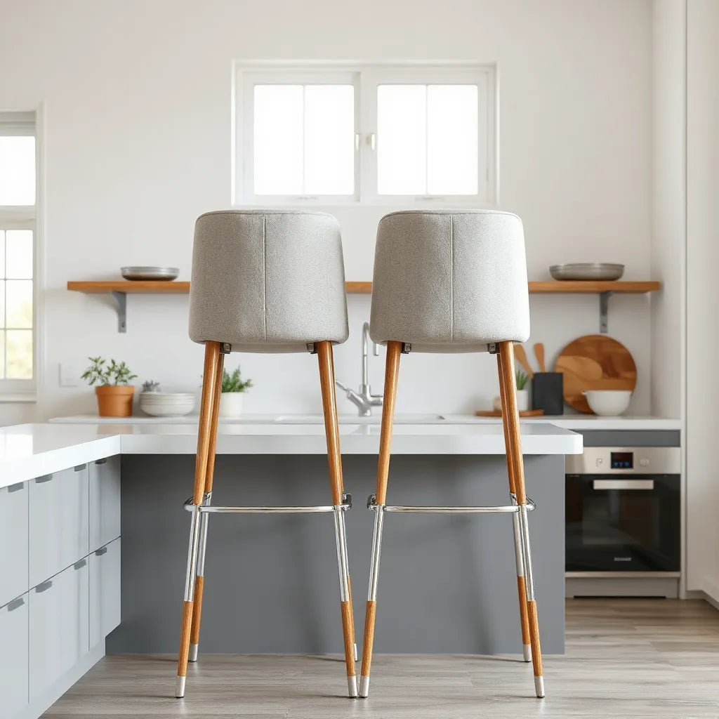 Elegant bar stools with upholstered seats at a clean kitchen counter in warm natural light