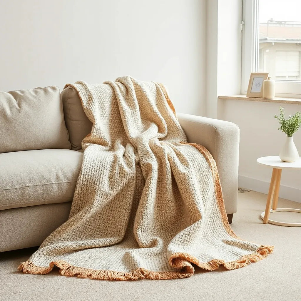 Sophisticated throw blanket draped over a sofa in a bright, minimalist living room
