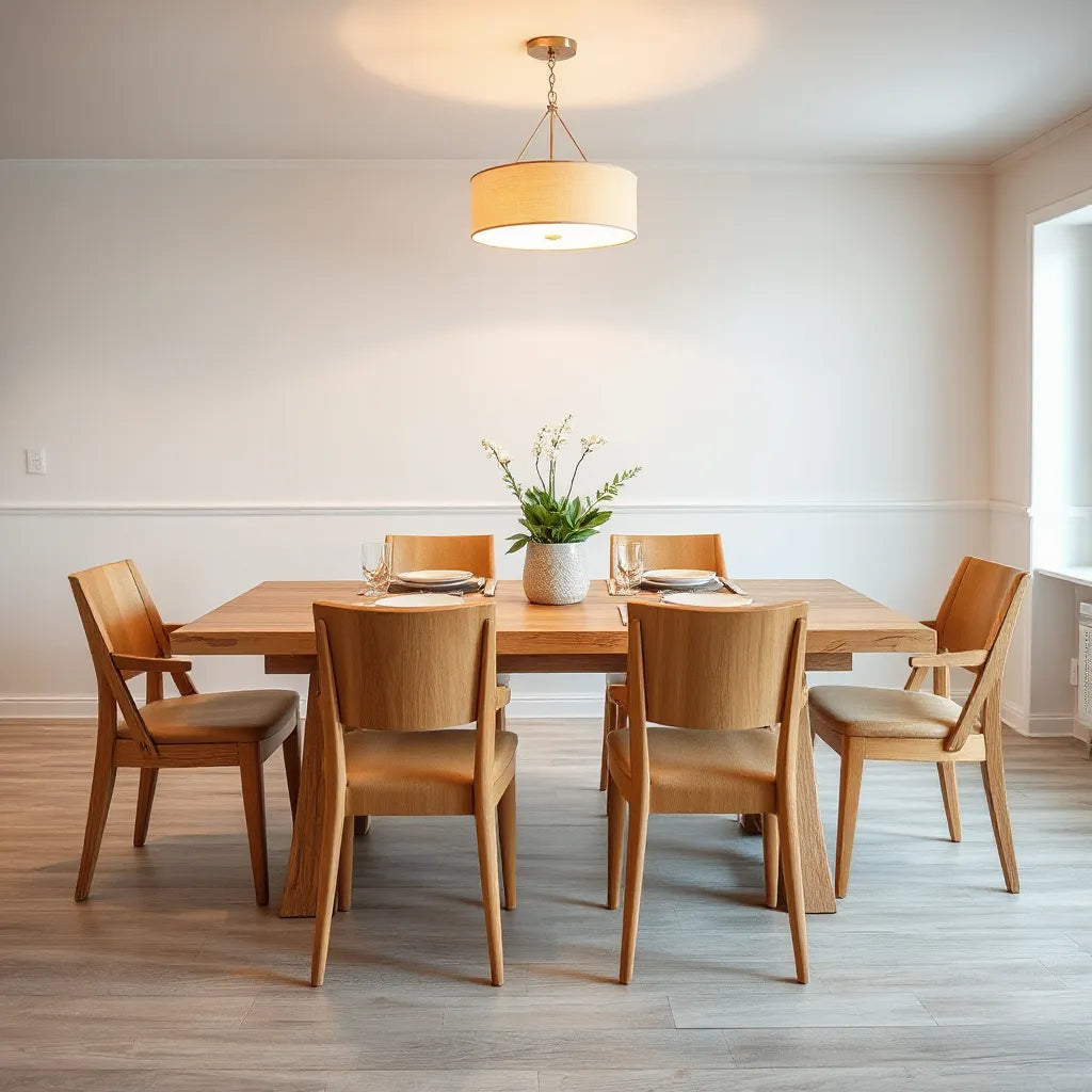 Modern dining table with matching chairs in a bright, uncluttered room