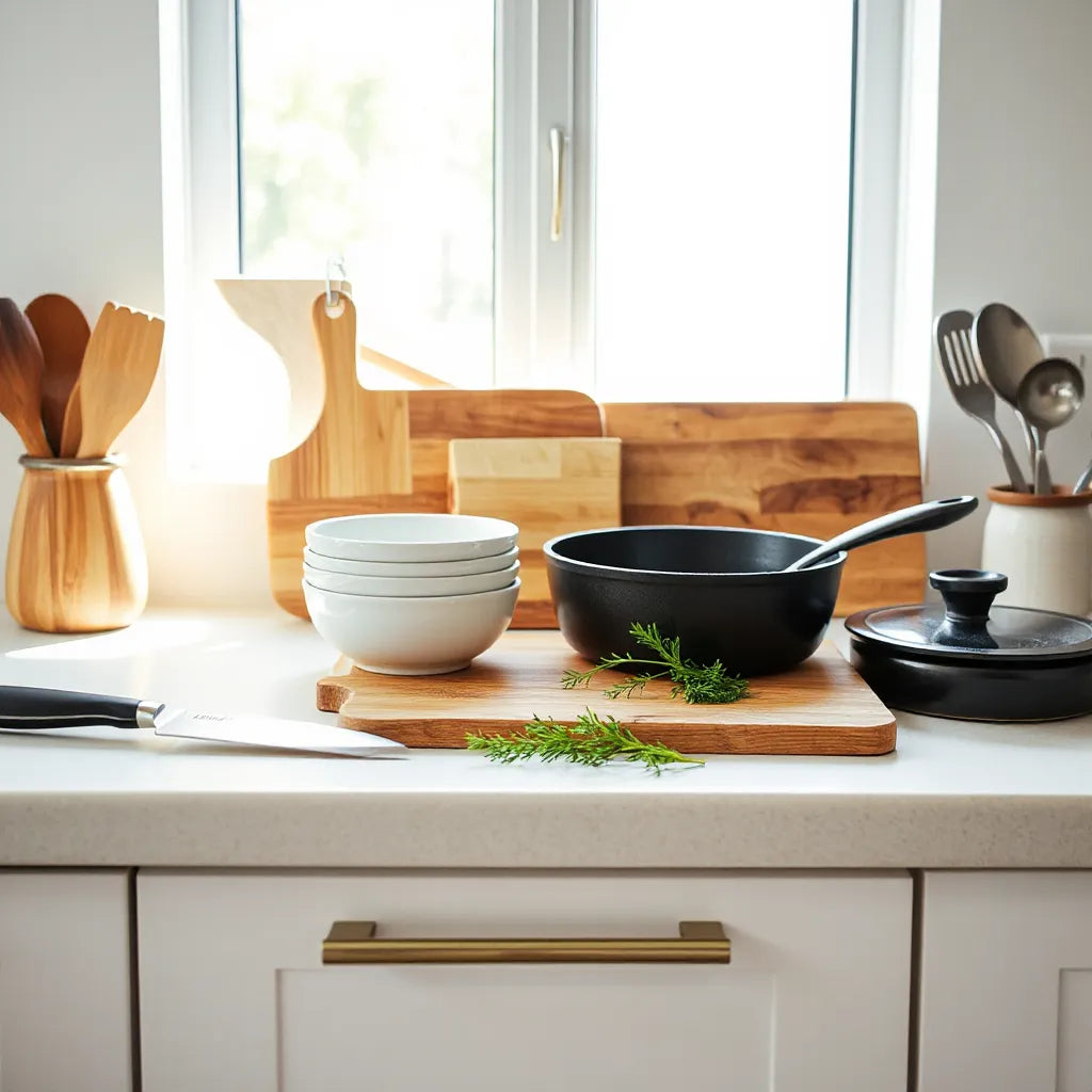 Stainless steel knife, ceramic bowls, cast-iron skillet, and utensils arranged on a bright kitchen counter