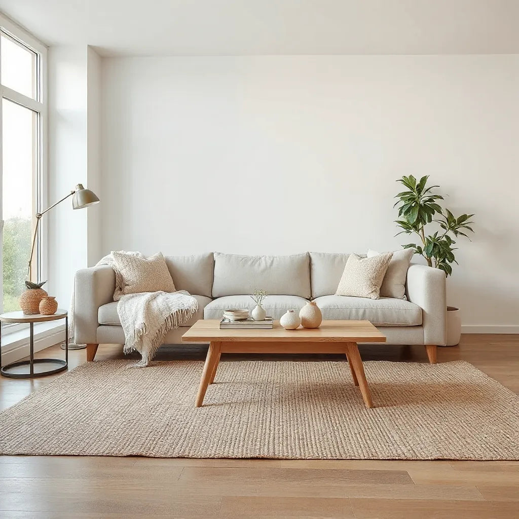 Modern rustic living room with natural wood accents, neutral sofa, and warm textured decor