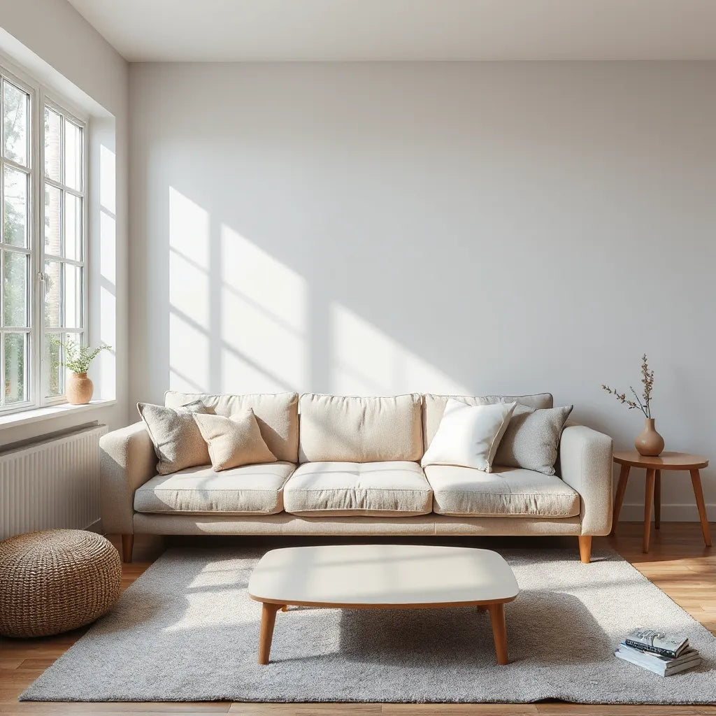 Modern upholstered sofa in a bright living room with minimal decor and soft daylight