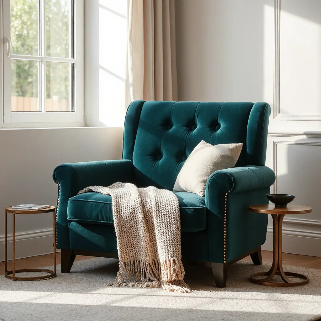 Velvet armchair in a bright modern living room with throw blanket and cushions