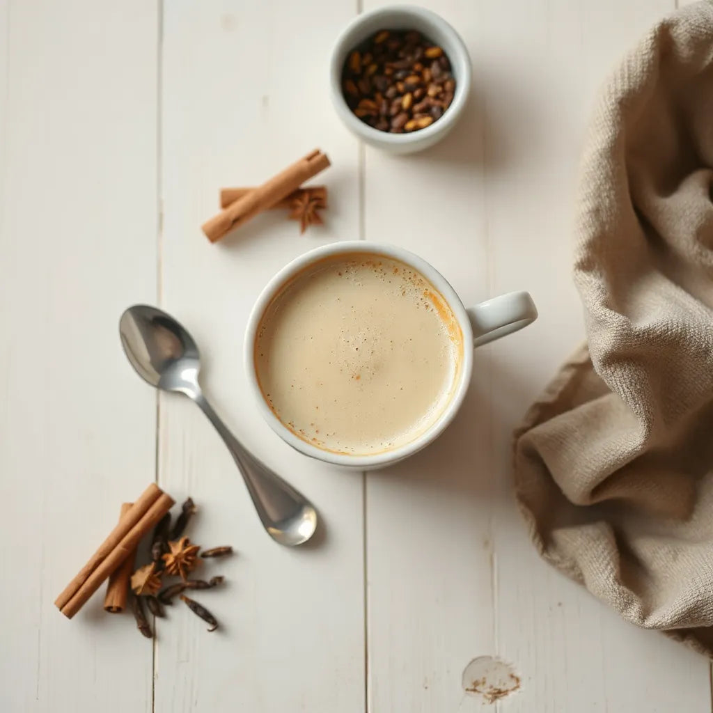 Creamy white chai latte in a ceramic cup with visible chai spices beside it