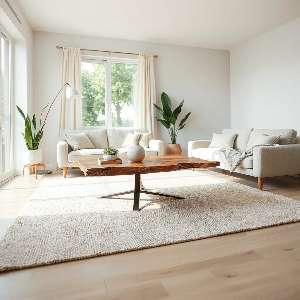 Distinctive coffee table in a bright modern living room with neutral sofa and minimal decor
