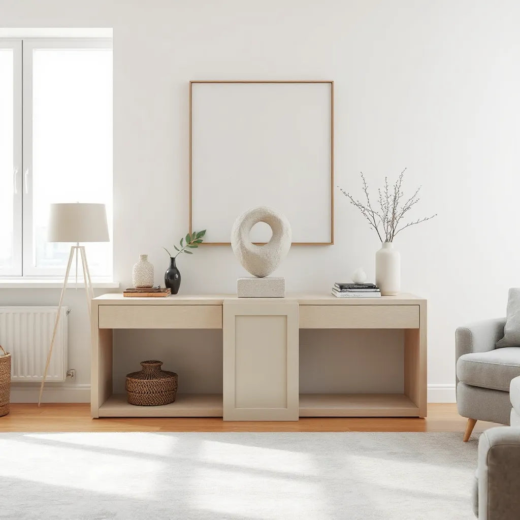 Abstract stone sculpture displayed on a pedestal in a bright, minimal living room