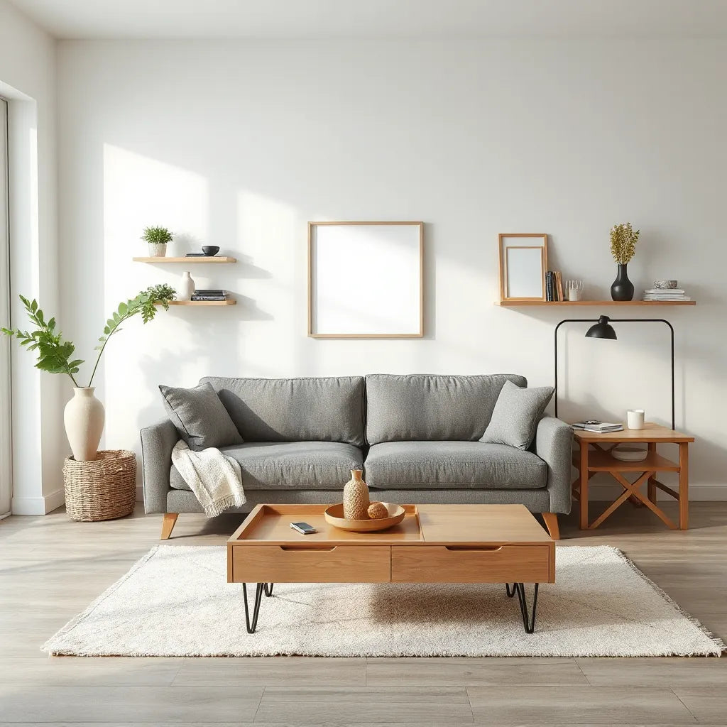 Compact living room with hidden-storage sofa, lift-top coffee table, and foldable dining space
