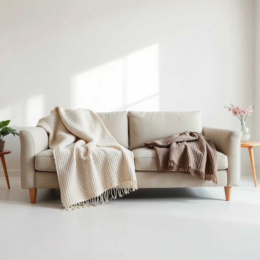 Textured throw blankets layered on a sofa in a bright, cozy living room