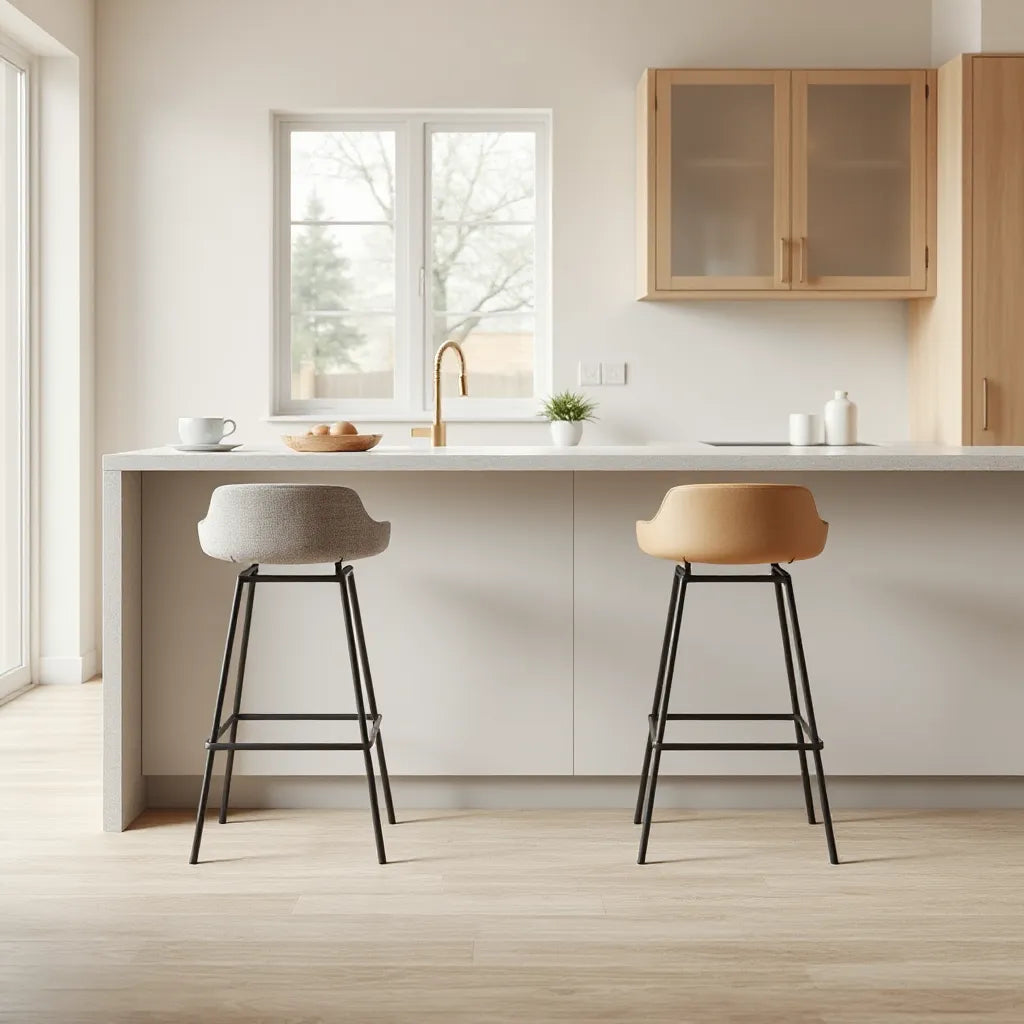 Minimalist bar stools with simple legs and neutral seats beside a clean kitchen island