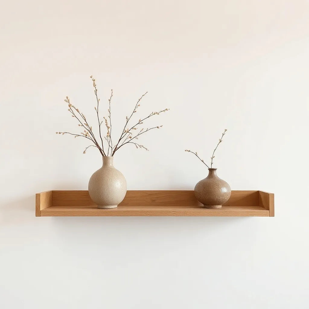 Handcrafted horizontal ceramic vases on a modern shelf with minimal dried stems