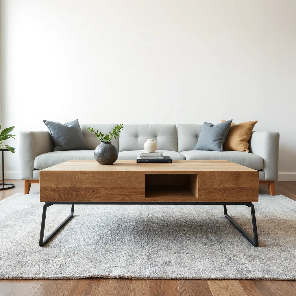 Geometric coffee table centerpiece in a modern living room with neutral decor and soft daylight