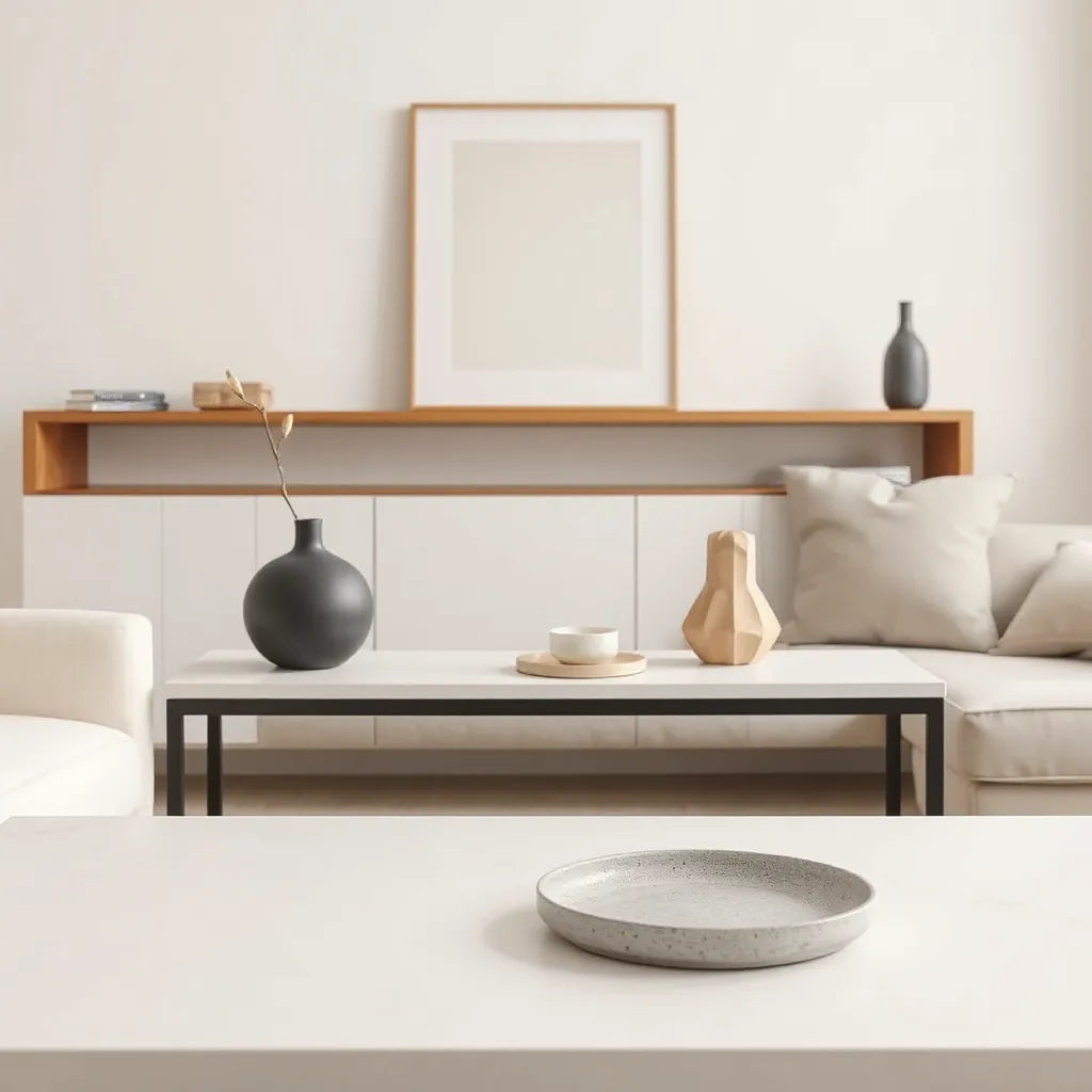 Minimalist ornaments on a console table in a bright, uncluttered living room