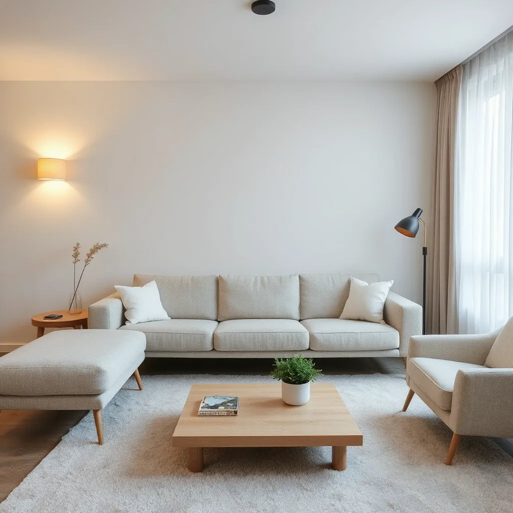 Warm wall sconce and pendant lights create a soft, elegant glow in a neutral living room