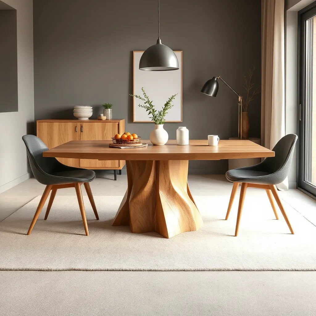 Stylish distinctive dining table made of warm wood with modern chairs in a bright, minimal dining room