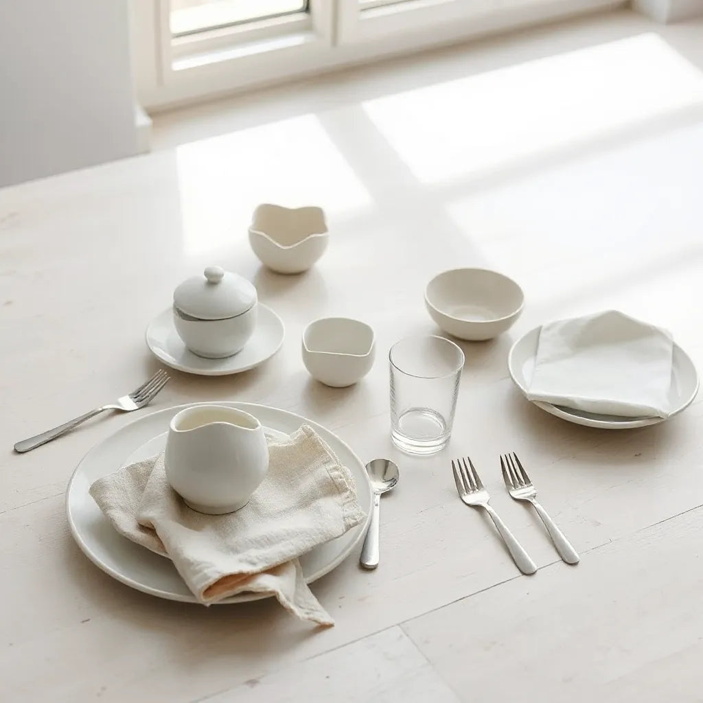 Neatly arranged plates, bowls, cutlery, and drinking glasses on a simple dining table setting