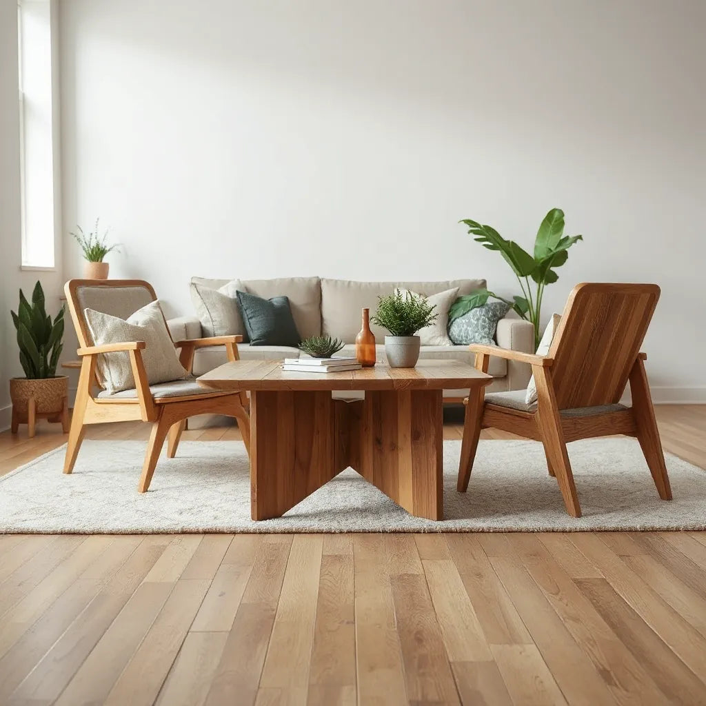 Minimal living room with a reclaimed wood coffee table and natural fiber seating in soft daylight