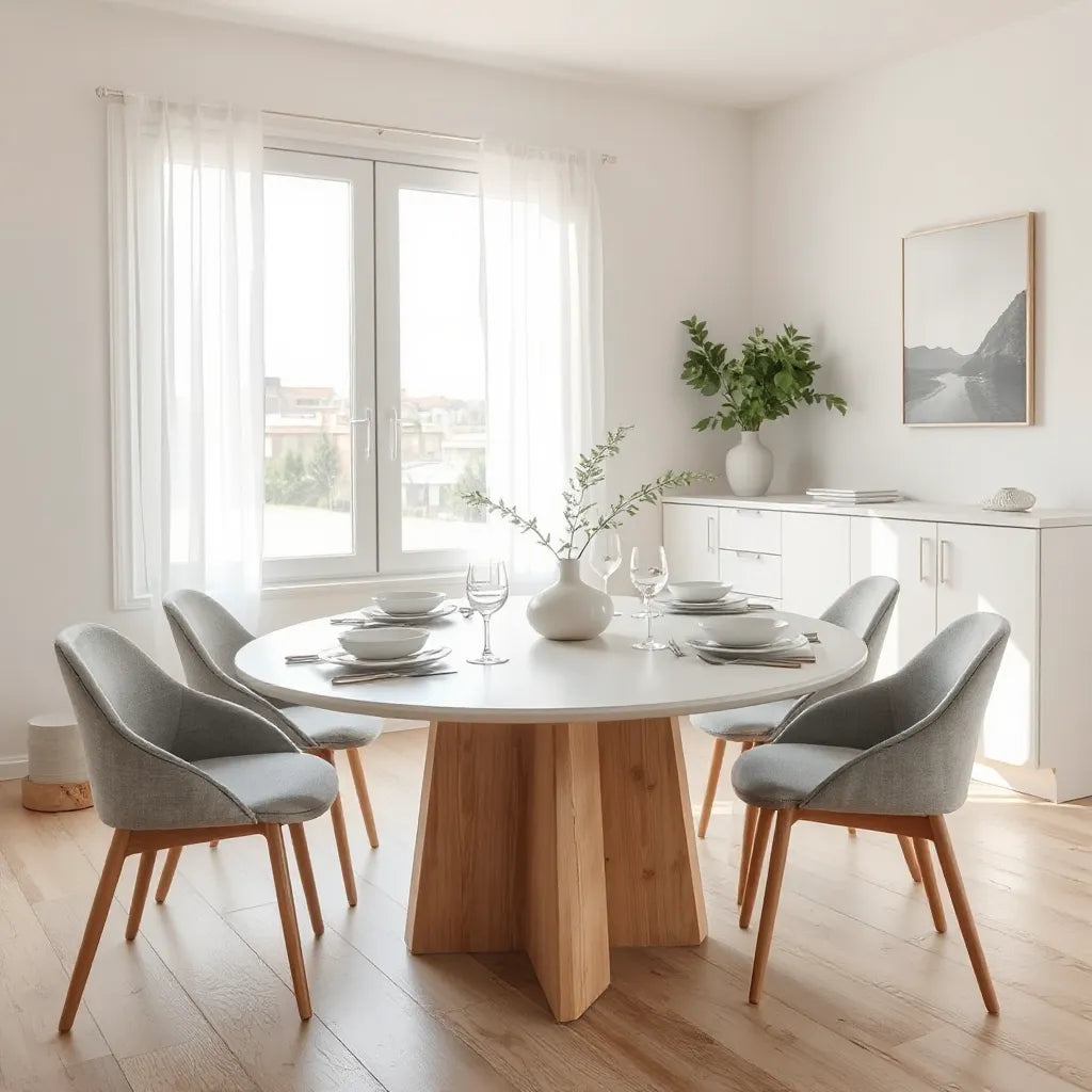 Modern dining table with minimal table setting in a bright contemporary dining room