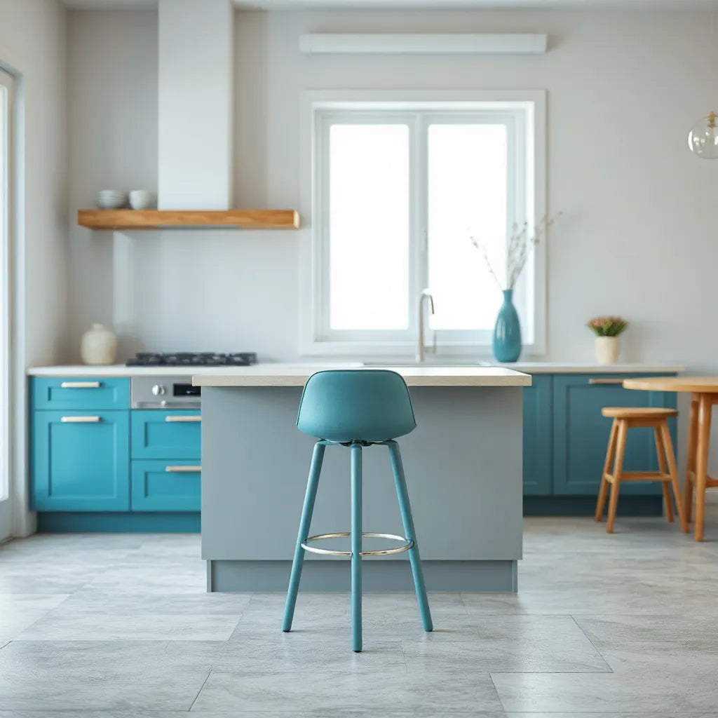 Teal blue bar stool at a modern kitchen island with neutral décor and natural light