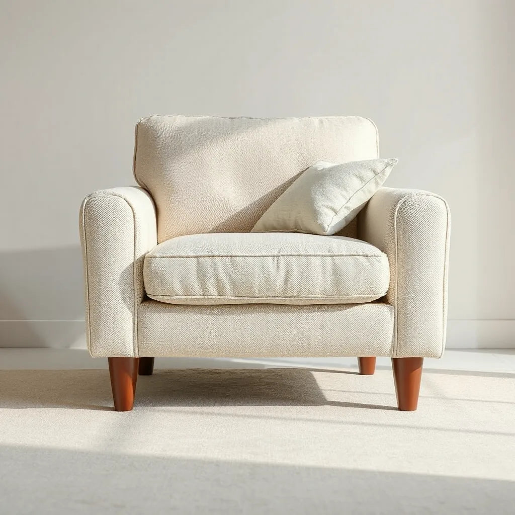 Neutral upholstered sofa with cotton-linen fabric texture and visible stitching in soft daylight