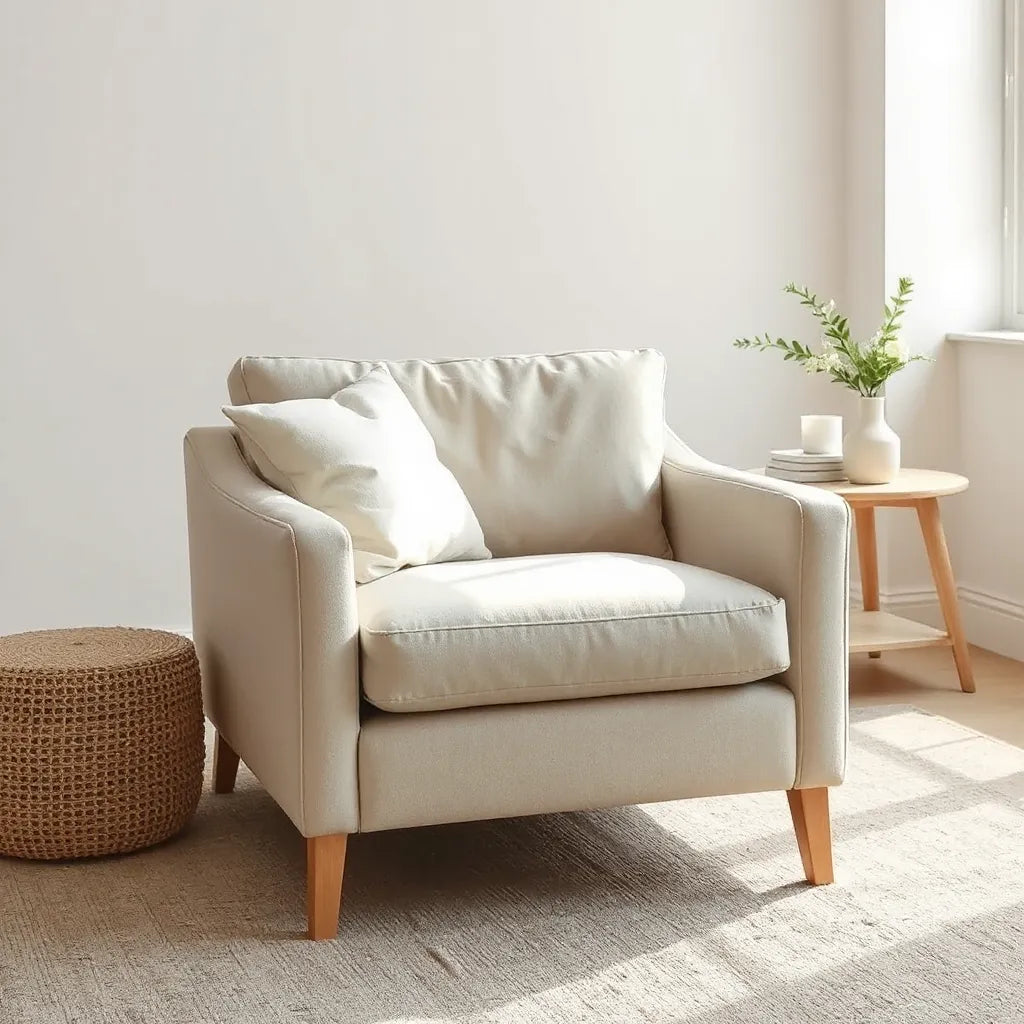 Comfortable upholstered lounge chair with plush cushions in a bright, minimal living room