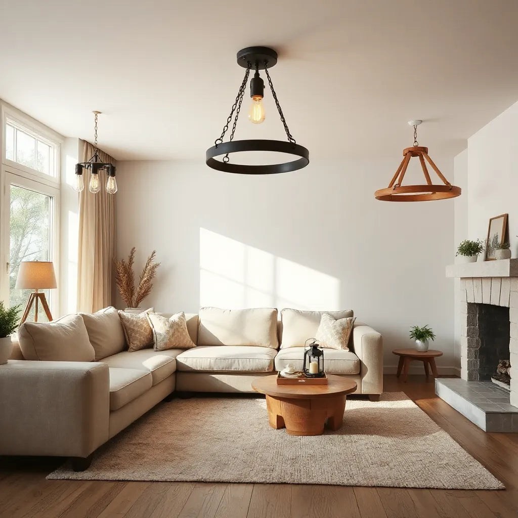 Rustic ceiling chandelier and wood table lantern glowing in a warm living room