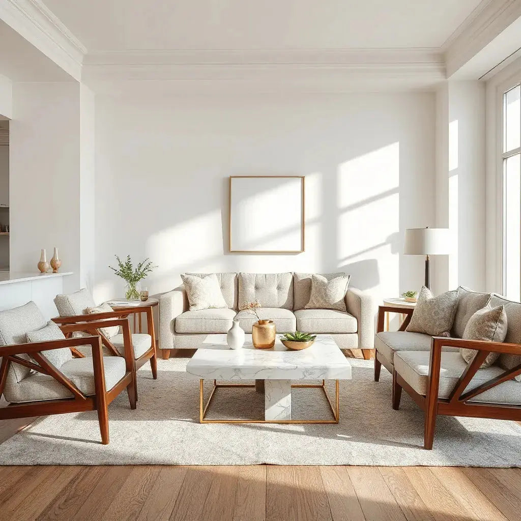 Modern luxury living room with elegant sofa, accent chairs, and marble coffee table in warm natural light