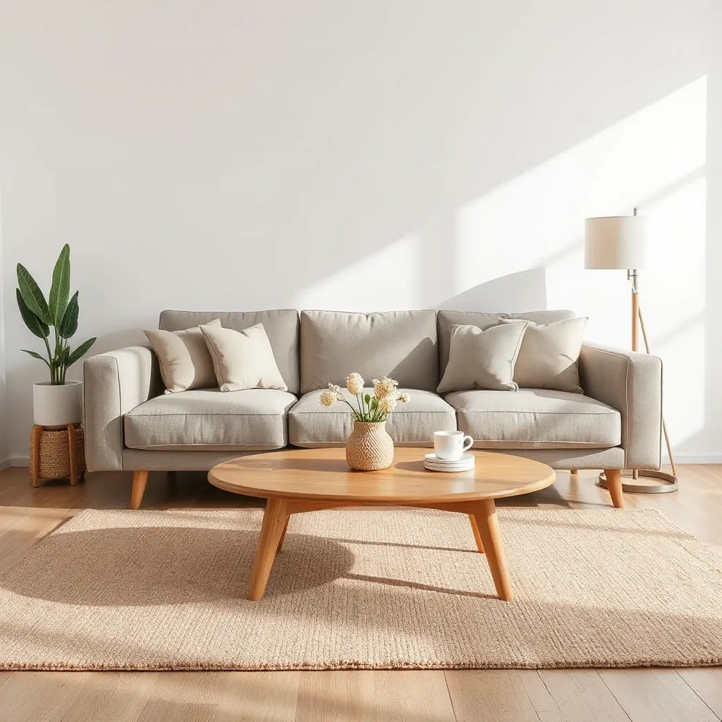 Bright living room with modern sofa, coffee table, rug, and warm neutral decor