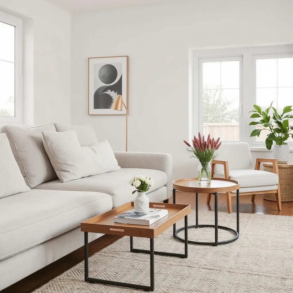 Modern side tables in a bright living room, styled with a lamp, tray, and vase beside a sofa