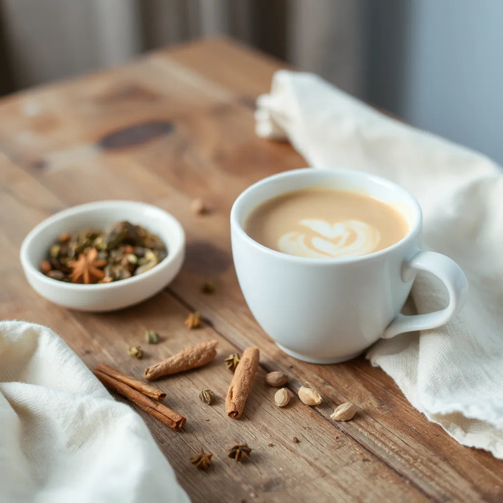 White chai tea in a ceramic cup with spices and tea leaves on a wooden table