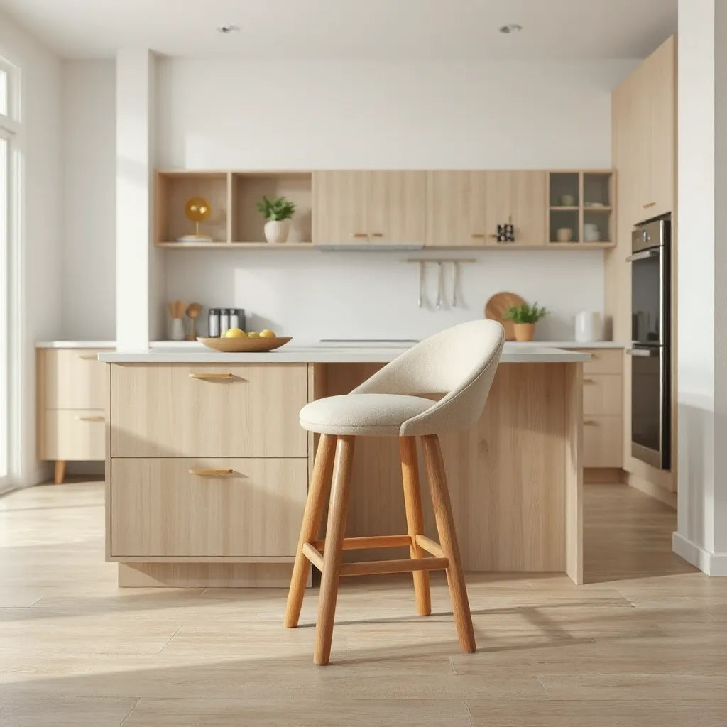 Beige upholstered bar stool with wooden legs beside a light neutral kitchen island