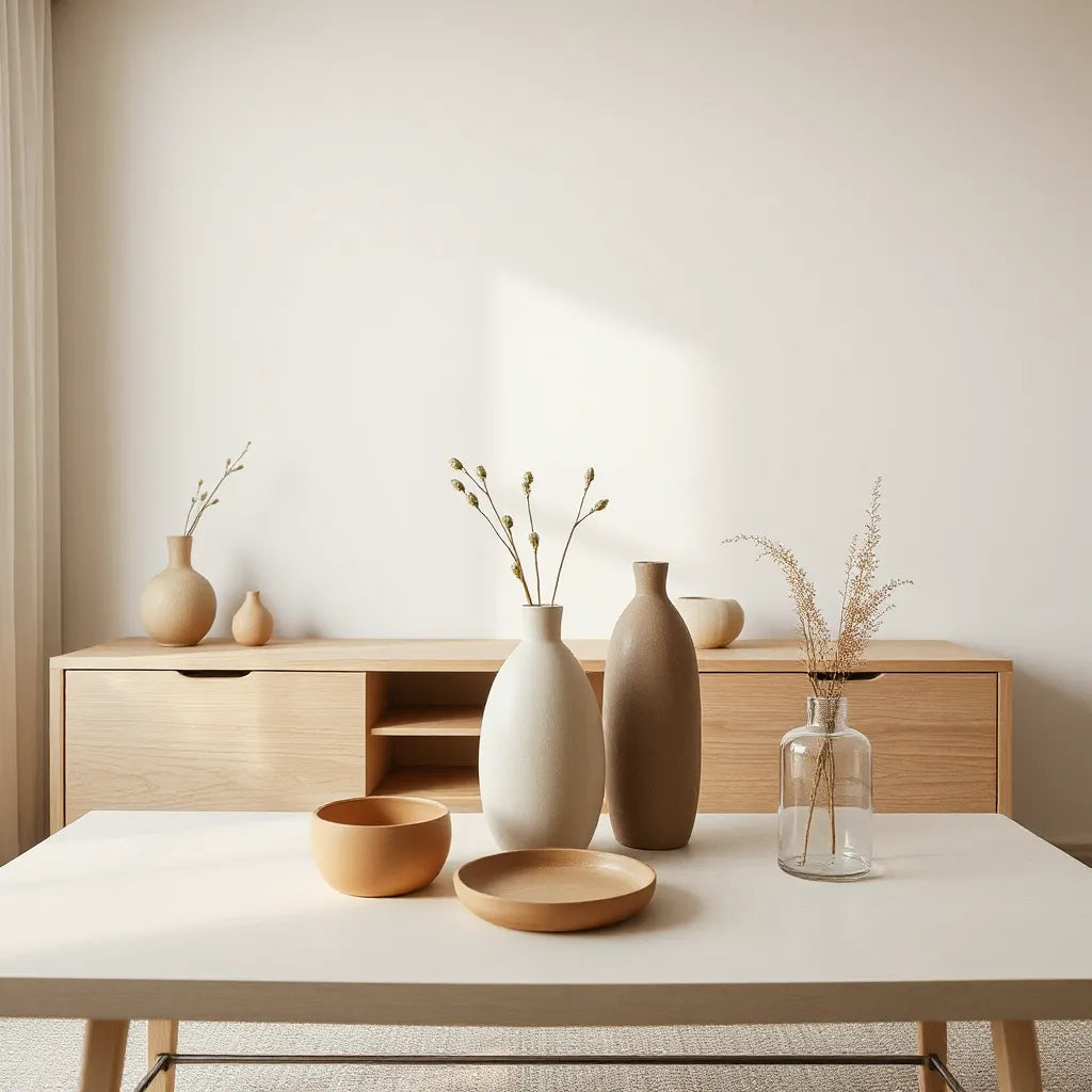 Assorted decorative vases with fresh stems on a neutral console in soft natural light