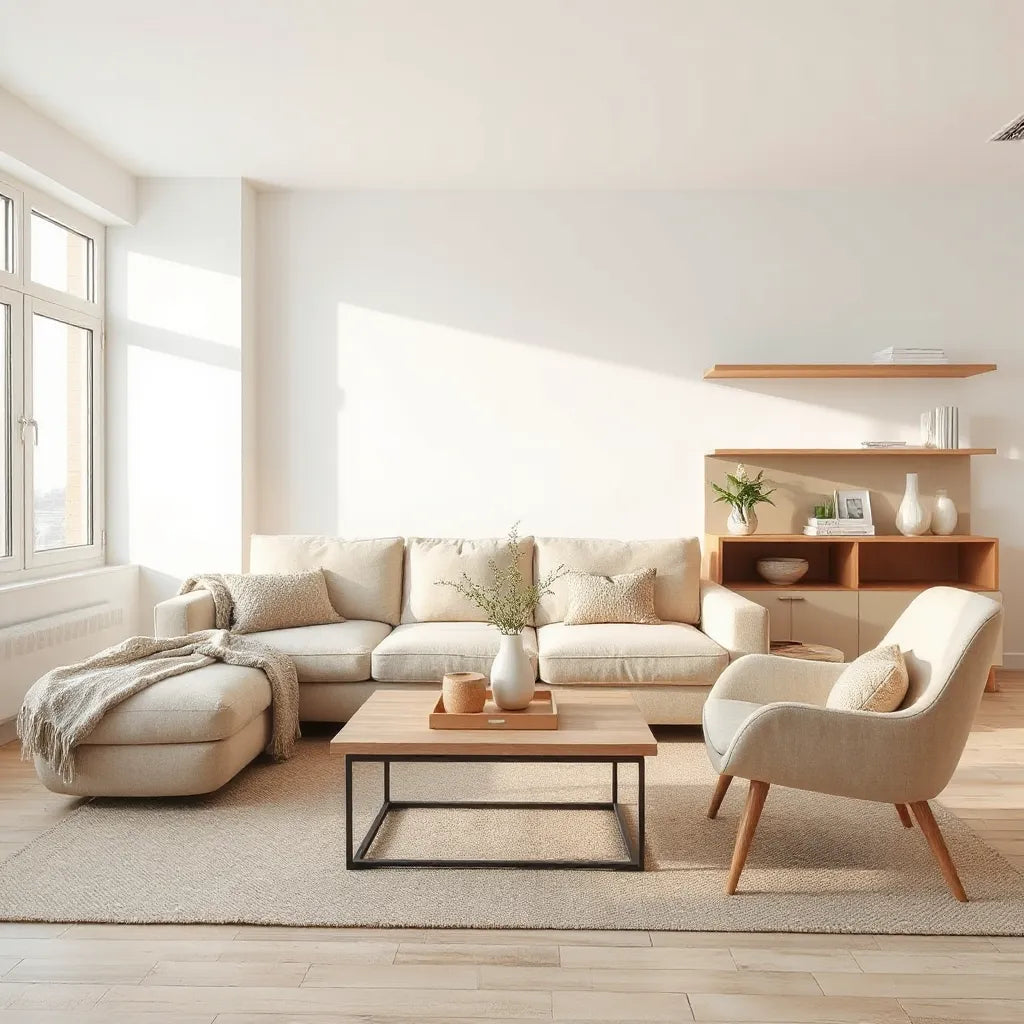 Bright minimalist living room with a low sofa, simple wooden coffee table, and uncluttered decor