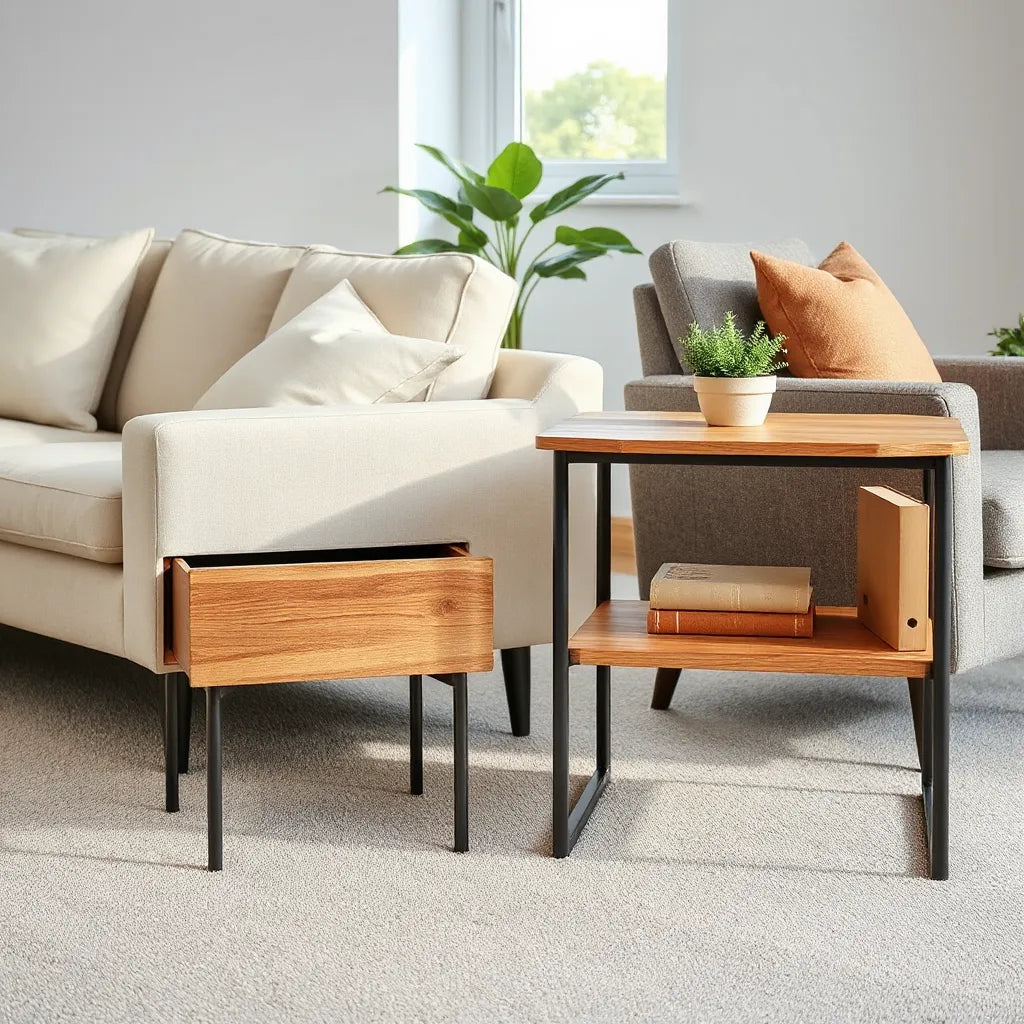 Modern side tables with drawer and shelf provide storage beside a sofa in a bright living room